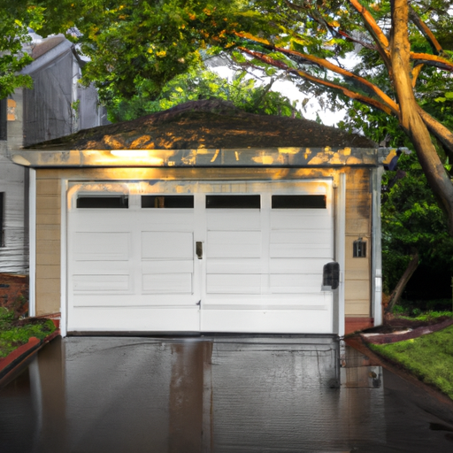 Suburban Wyckoff driveway with a modern closed garage door at golden hour, no people.