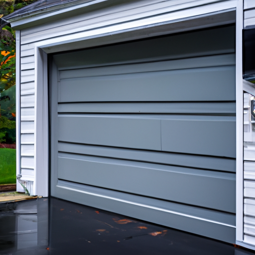 Suburban Wyckoff driveway with a modern garage door and visible smart keypad, overcast light, no people.