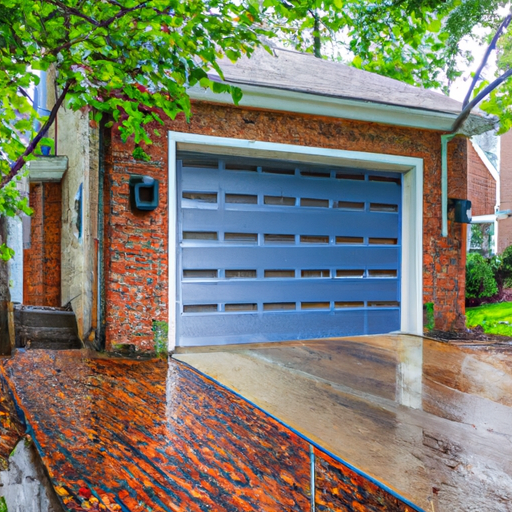 Residential garage door with composite panels and weather seals on a Wyckoff, NJ home after rain.