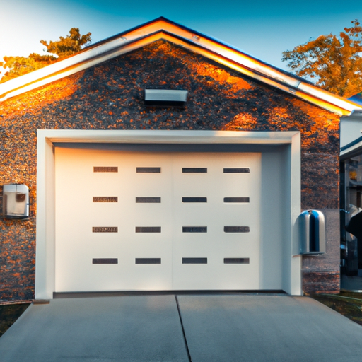 Suburban Wyckoff home with a modern sectional garage door and visible smart keypad at golden hour.