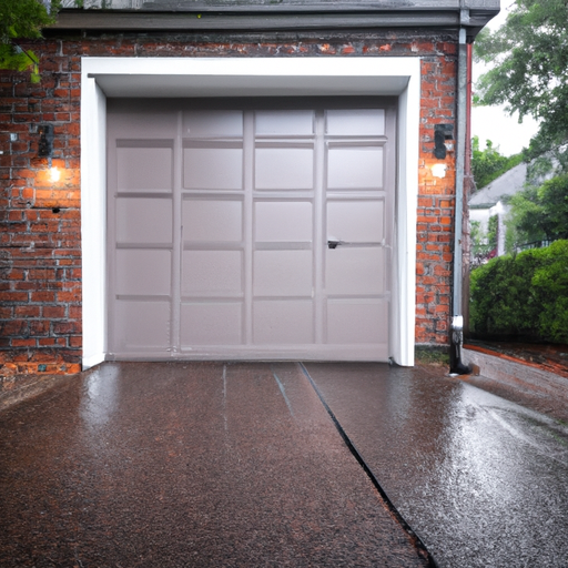 Modern steel garage door on a brick Wyckoff, NJ home at dawn with wet driveway and soft light.