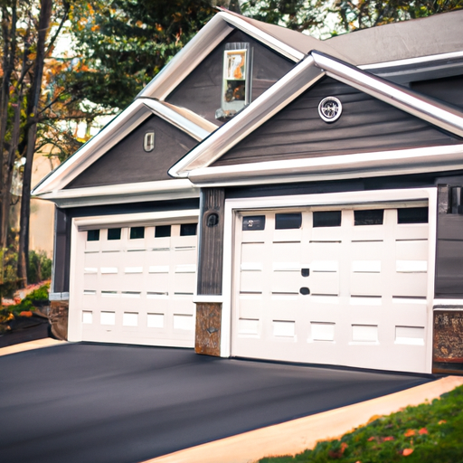 Suburban Wyckoff home exterior with a modern two-car garage door visible, driveway and siding in soft late-afternoon light.