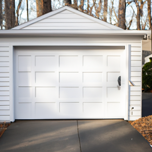 Suburban Wyckoff driveway with a closed white paneled garage door in late afternoon light, no people.