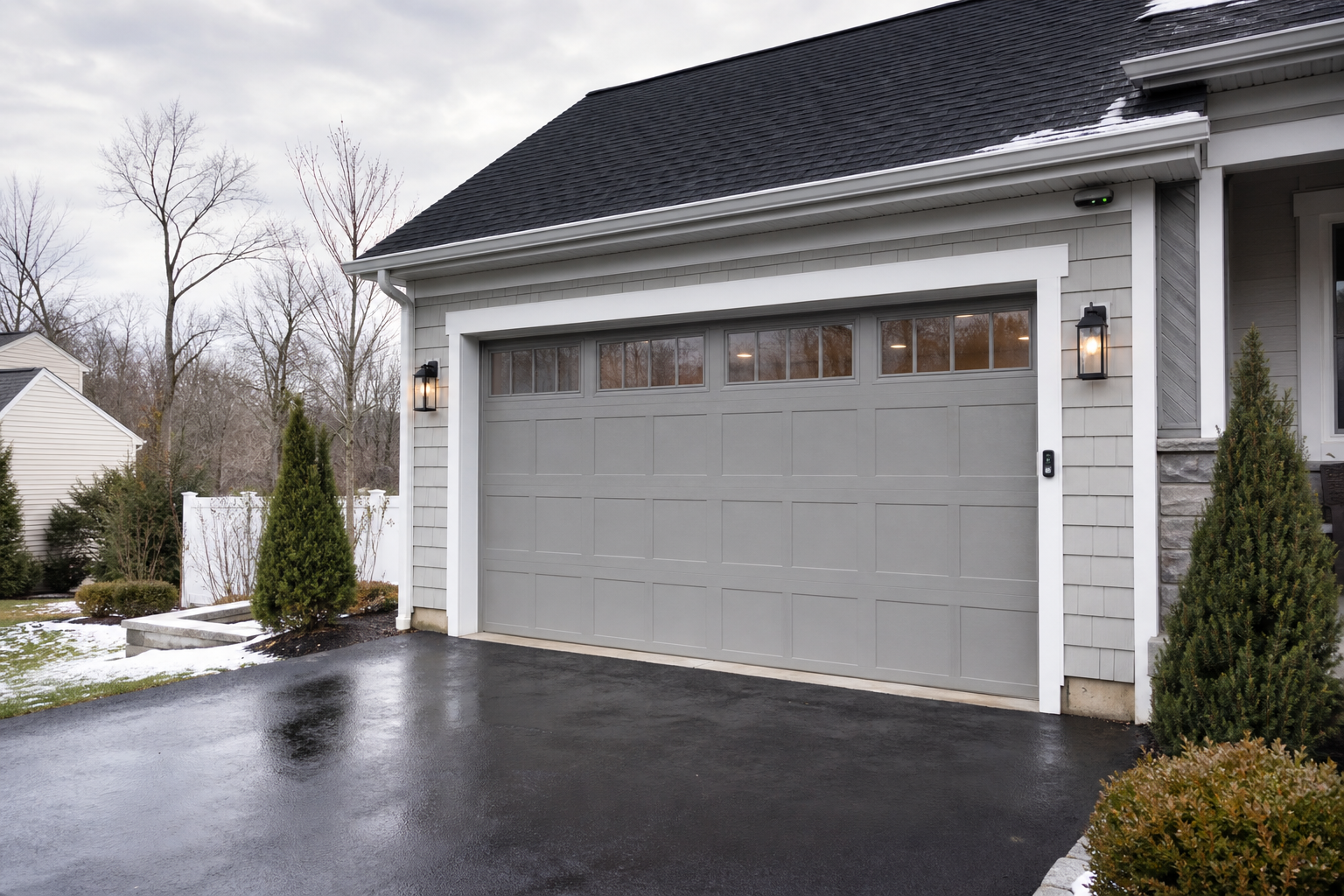 Modern suburban garage exterior in Wyckoff with a visible smart-enabled garage door