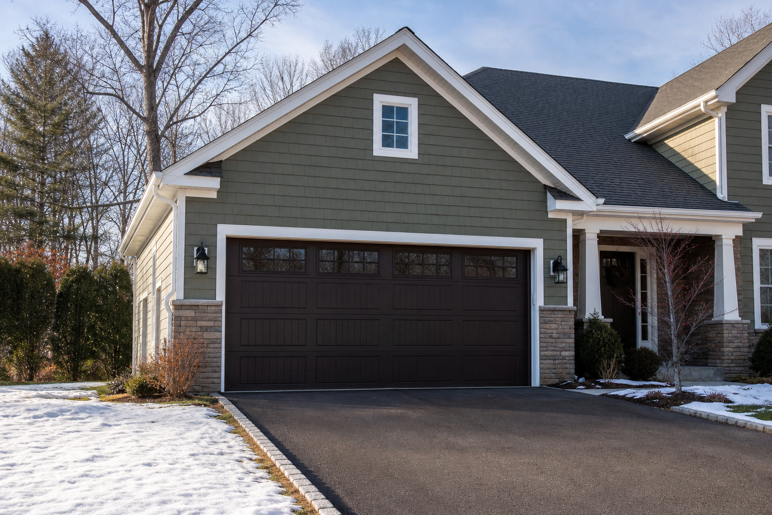 Suburban garage exterior in Wyckoff with a closed sectional door and driveway